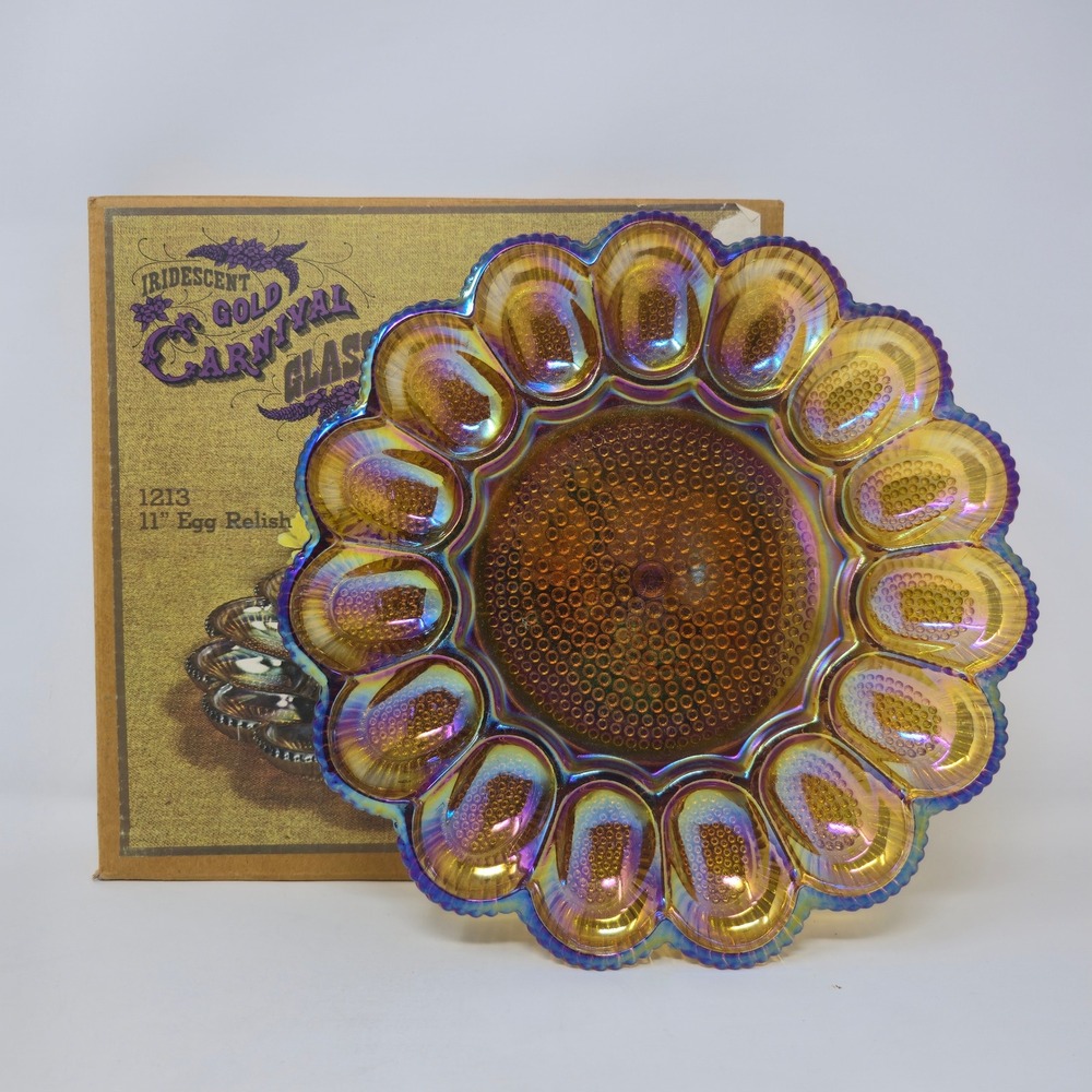 Indiana Glass Gold Carnival Hobnail Egg Plate Relish Tray 1213 Amber Rainbow - Picture 2 of 12